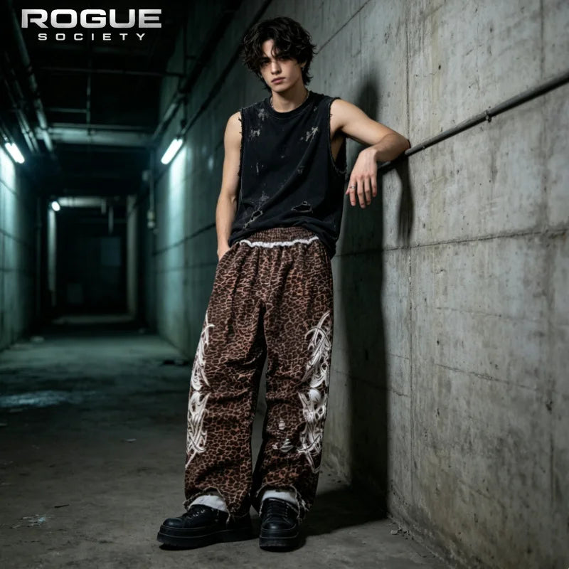 Summer Y2K Streetwear Leopard Print Wide Leg Pants Men Gothic Tribal Pattern Waist Casual High Stree Harajuku Hip Hop Trousers