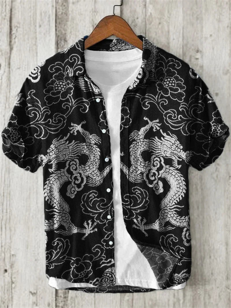 Men's Linen Comfortable Soft Men's Short Sleeve Shirt Hawaiian Fashion Splicing Print Stand Collar Button Shirt Summer Style