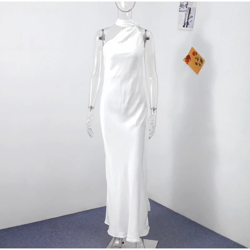Backless Satin Long Sling Dress Women V Neck Sleeveless Slit Solid Sexy Party Dresses 2026 Summer Lady Vacation Evening Robes