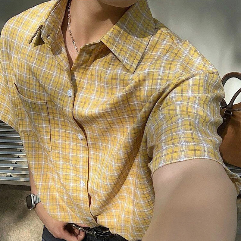 2025 Summer Stylish Short Sleeve Shirt Men's Streetwear Vintage Button-up Turn-down Collar Shirts Trendy Men Plaid Printed Shirt