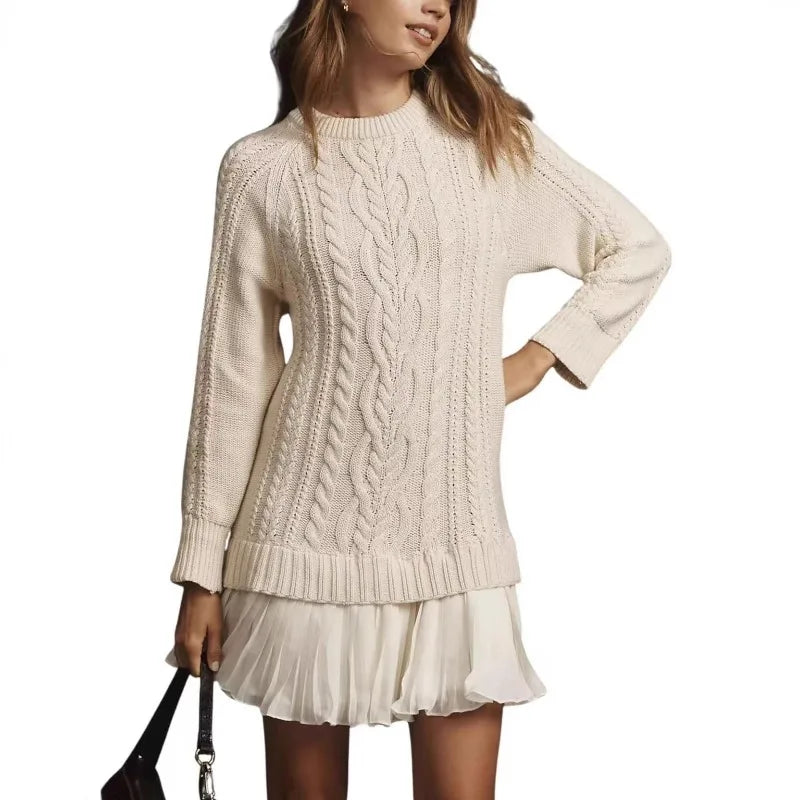 2025 Winter Long Sleeve Twist Knitted Sweater Dress Woman Ruffle Chiffon Pleated Dresses Fall Solid Warm A-Line Pullover Dress