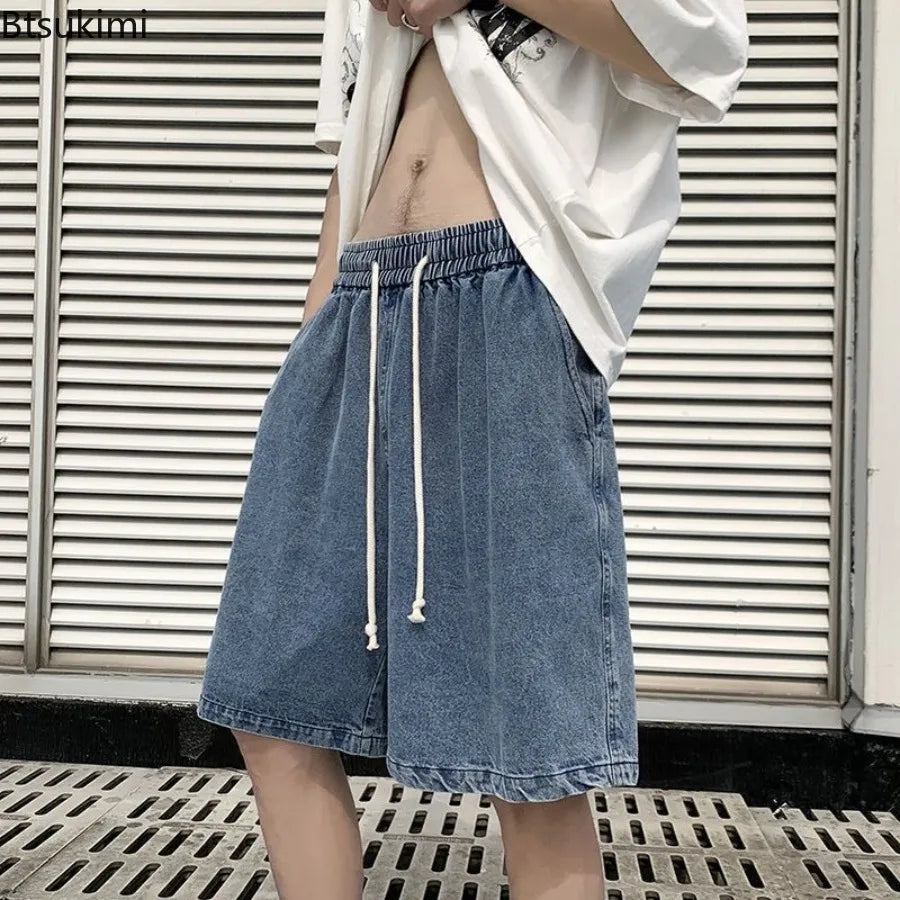 New Men's Fashion Vintage Jeans Summer Loose Casual Male Wide Leg Knee Length Shorts Washed Short Denim Pants Male Streetwear