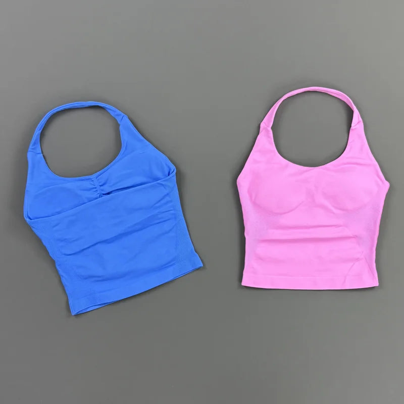 HISTELLO Impact Halter Top Women Gym Clothing Backless Seamless Sports Yoga Vest Running Fitness Workout Sleeveless Tank Top