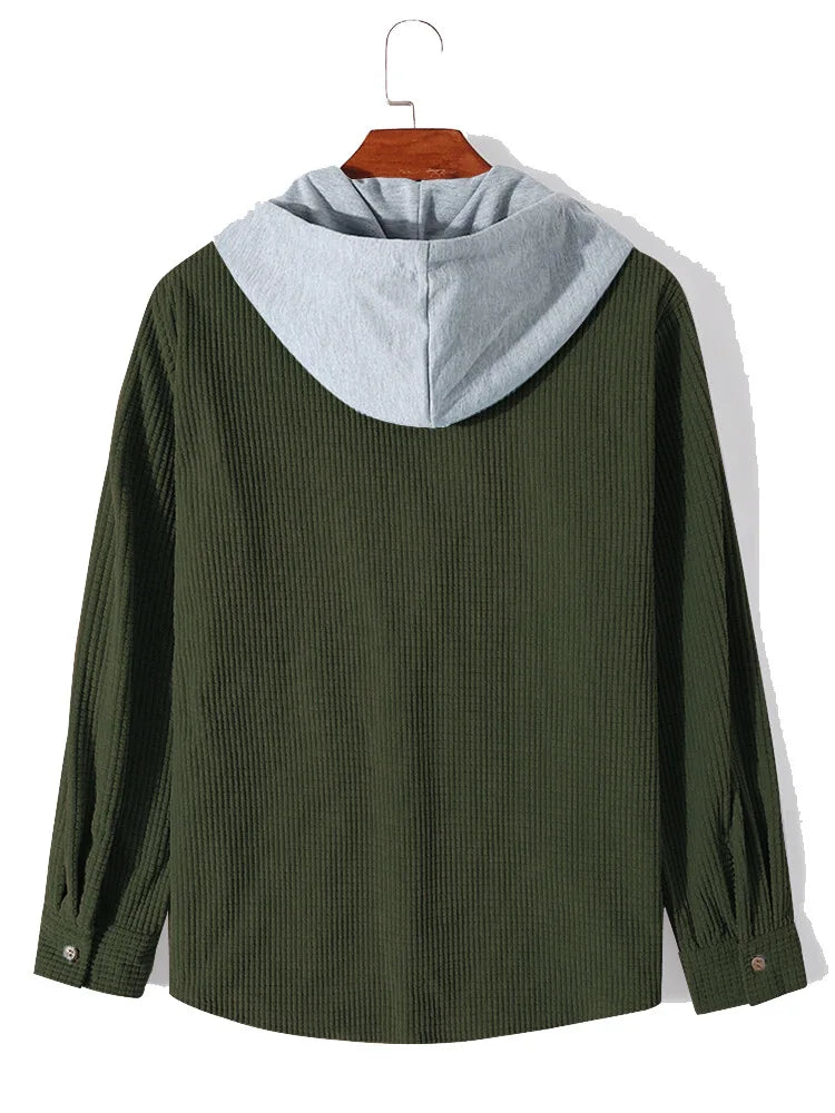 Spring Autumn Patchwork Thick Hooded Shirt Men Waffle Long sleeved Hoodie Fashion Casual Loose Sweatshirt Tops Oversized Shirts