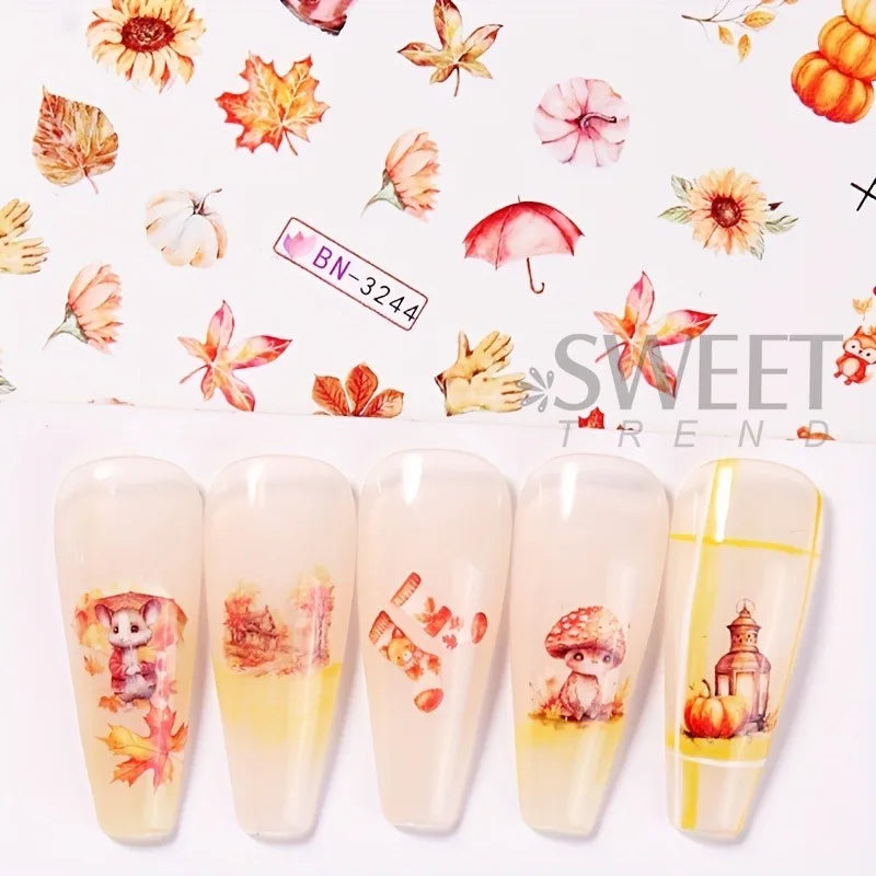 12 Designs Autumn Maple Leaf Squirrel Pumpkin Water Nail Stickers Fall Season Element Watermark Sliders DIY Manicure Decal Foils