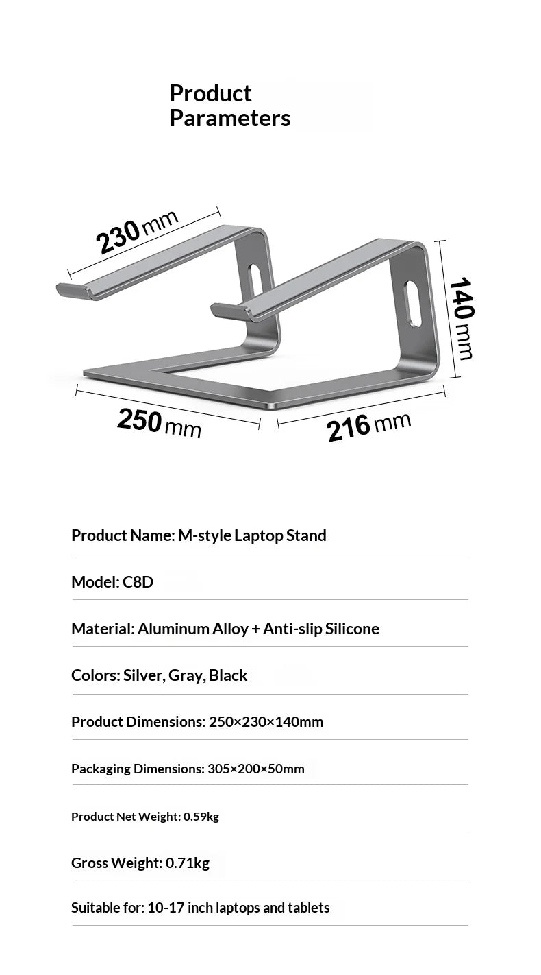 Ergonomic Aluminum Laptop Stand with Cooling & Non-Slip Design, Adjustable Portable Notebook Riser for 10-17 Inch MacBook Dell