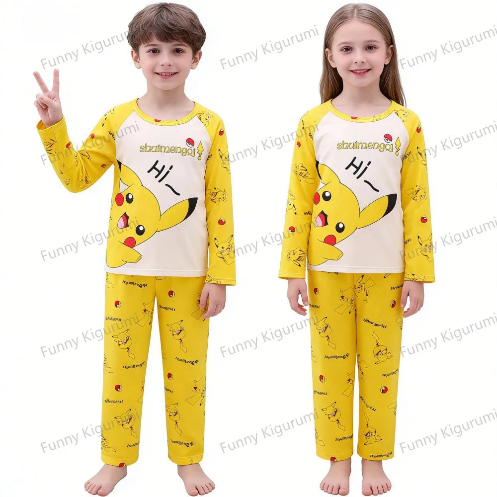 Children's Pyjamas Pikachu Set Kids Sleepers Boys Girls Cartoon Long Sleeve Sleepwear 3-14T Teenage Home Clothes Pajama Pijama
