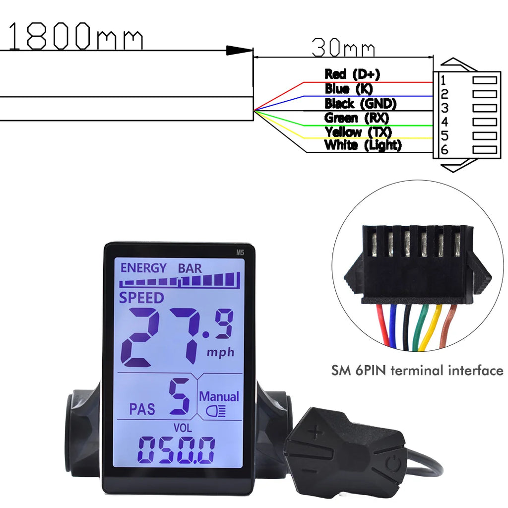 UART2 M5 24V 36V 48V Electric Bicycle Colorful Display E Scooter LCD Panel With USB UART For Mountain Electric Bike Parts (6PIN)