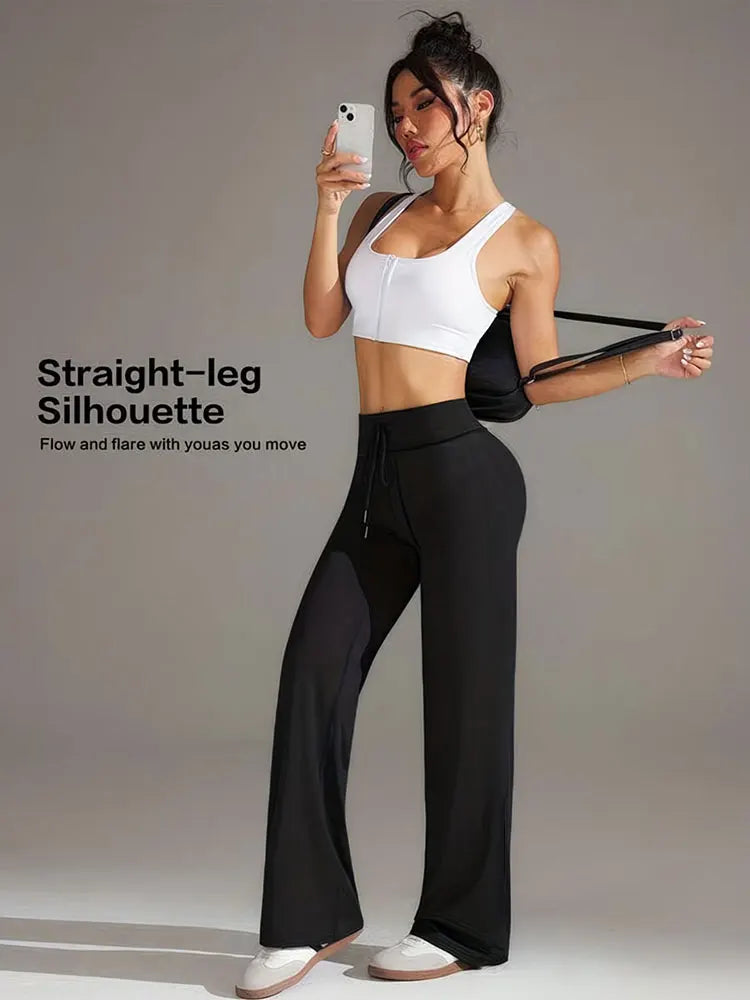 Womens Drawstring Straight Pants High Waist Wide Leg Yoga Trousers Breathable Loose Sweatpants For Fitness Running Casual Wear