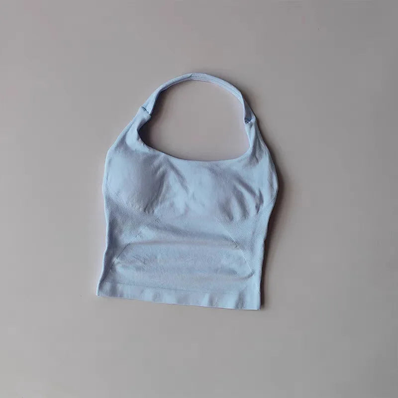 1DF-CY Women Seamless Halter Yoga Crop Top High Elastic Sports Bra Fitness Workout Gym Running Breathable Activewear Tank Top