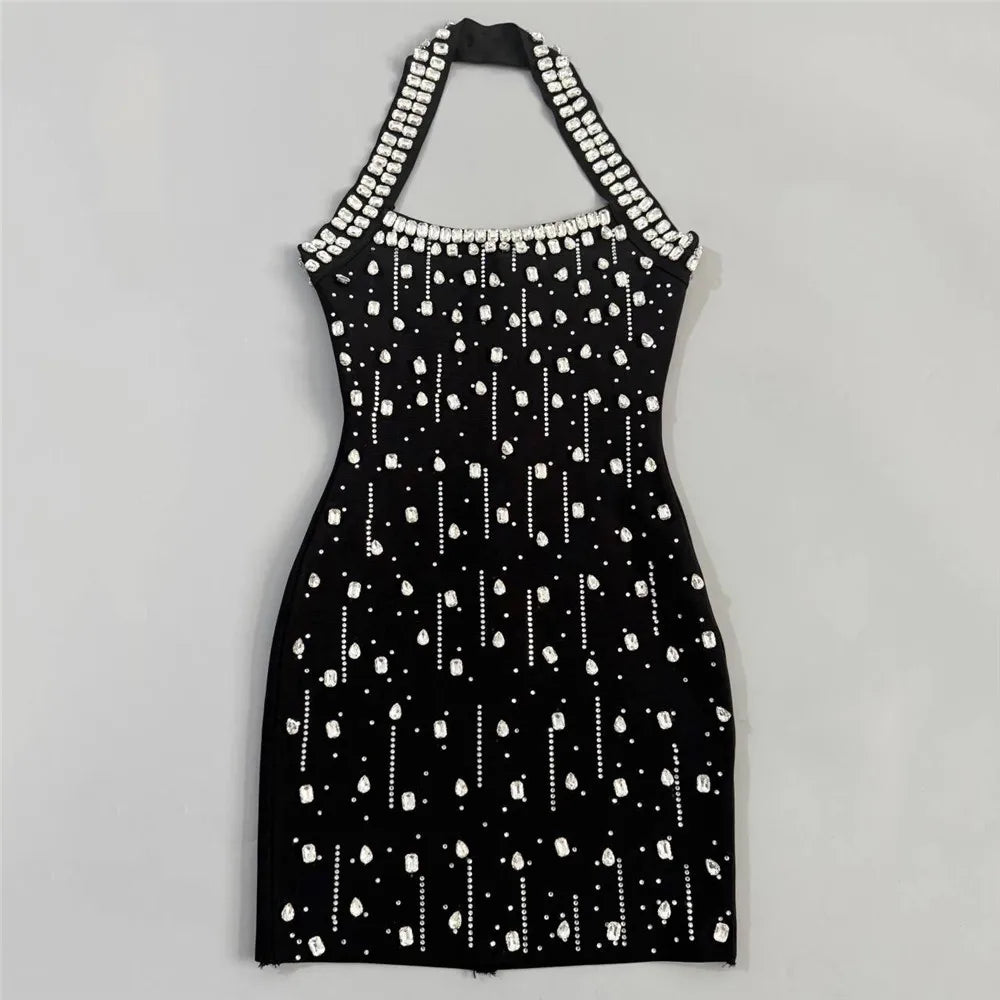 Luxury Diamond Rhinestone Women Summer Halter Bandage Dress Club Evening Party Mini Dresses
