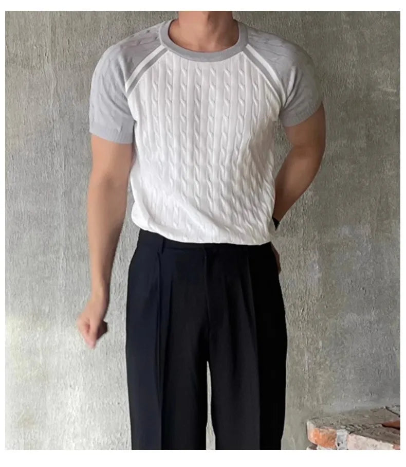 Summer Men's Clothing Light Luxury Knit O Neck Short-sleeved T Shirt Patchwork Leisure Korean Popular Streetwear Retro Knitwear