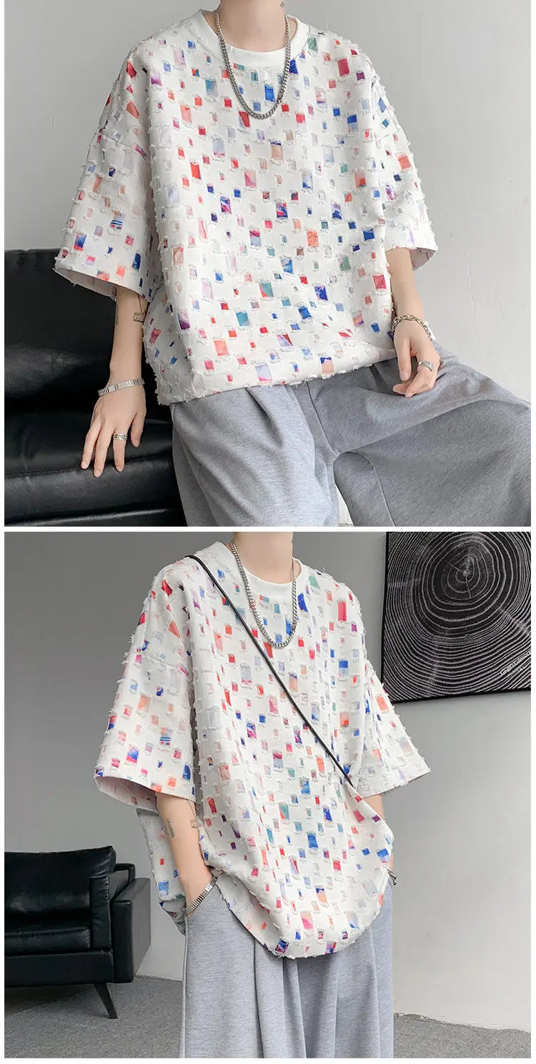 Summer Short Sleeved T-shirt Men Fashion Oversized Plaid T Shirt Men Streetwear Hip Hop Loose Hollow Out Tshirt Mens Large Size