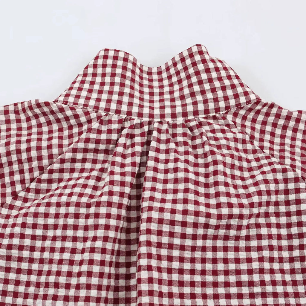 Women's Plaid Jacket, Vintage Gingham Check Coat, Stand Collar Long Sleeve Button Up Outerwear, Loose Casual Autumn Windbreaker