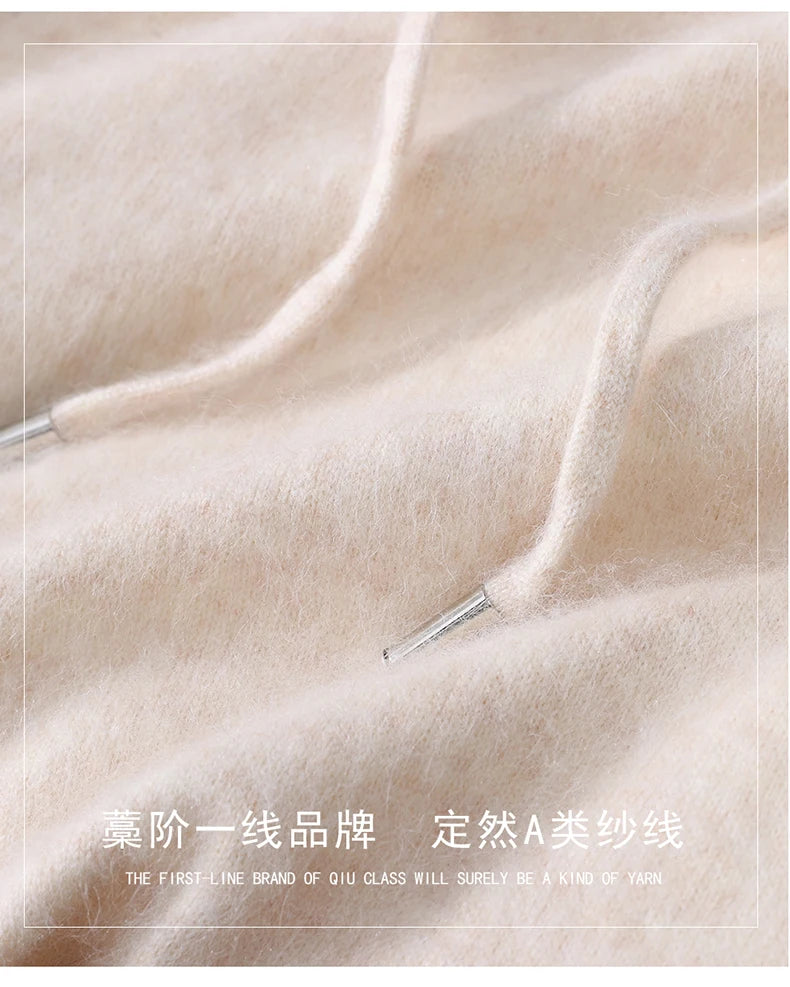 Autumn Winter New 100% Mink Cashmere Sweater Men's Solid Color Hooded Pullover Knitted Sweater Loose Casual Top For Outdoor Wear