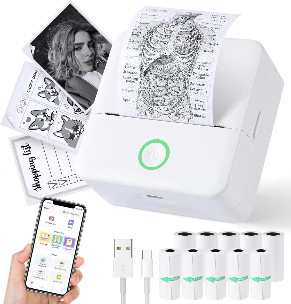 Wireless Mini Photo Printer Set with 5 Sticker Rolls & 5 Thermal Paper, Bluetooth Mobile Printing for Pictures, Photos, Labels