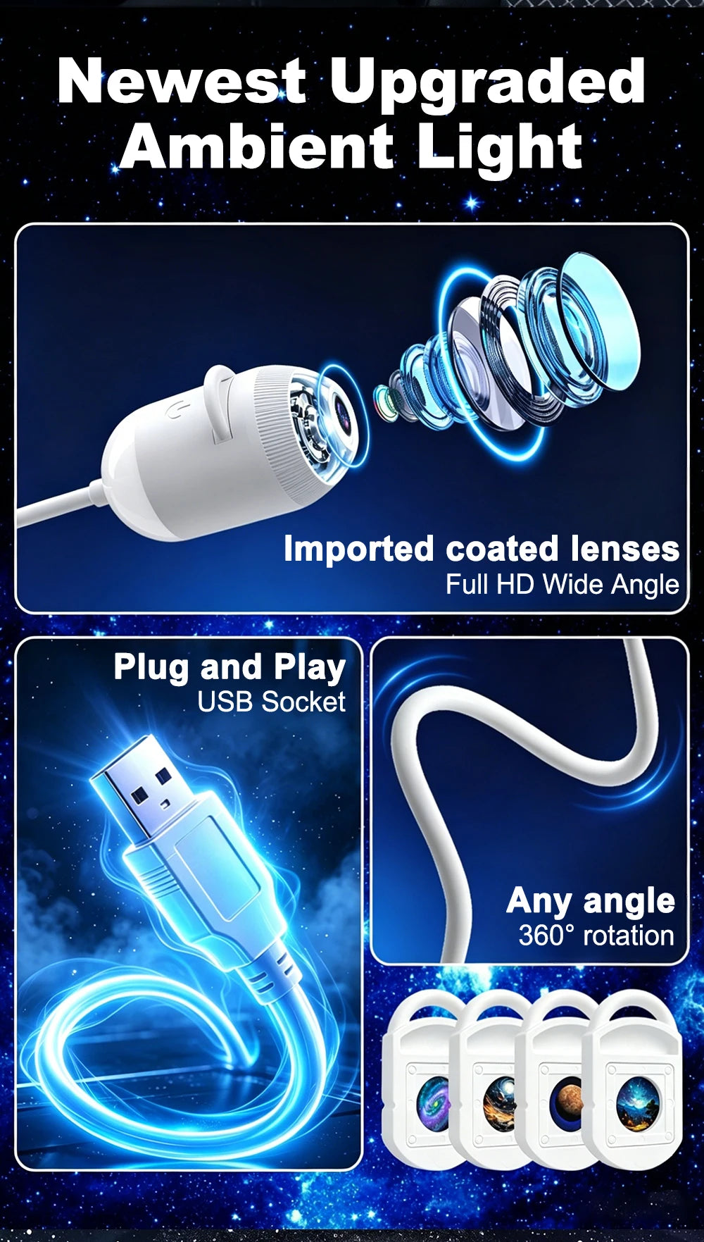 USB Car Interior Roof Star Galaxy Projection Ambient Lighting 360° Adjustable Starry Sky Ambient Projector Light Touch Control