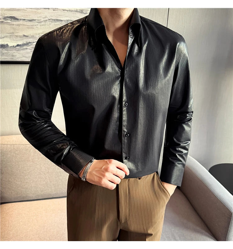 Men's 2026 Spring Luxury Lyocell Cotton Shirt, Leather-Like Texture Jacquard V-Neck, Long Sleeve Business Casual Top