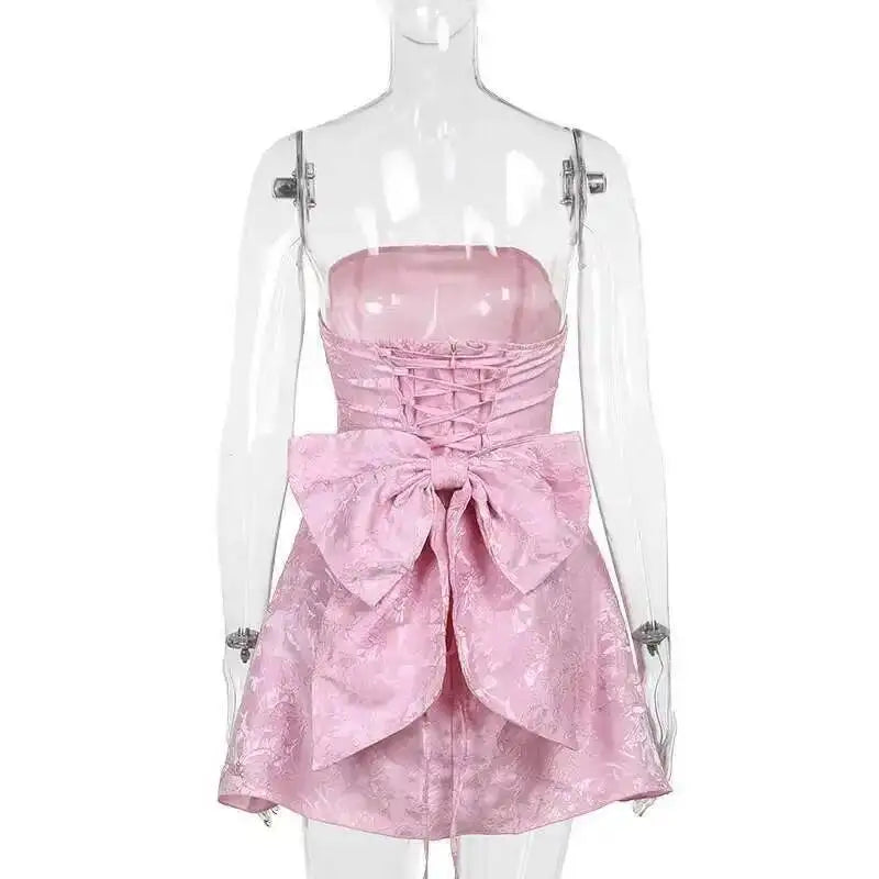 Giyu Club Evening Party Dresses Women 2025 Summer Sexy Bow Halter Long Dress Elegant Jacquard Lace Up Backless Birthday Robe