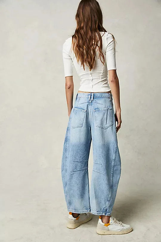 Cotton Denim Long Jeans for Women Trousers Casual High Waisted Jeans Cropped Pants Spring Summer Boho Beach Ladies Baggy Jeans