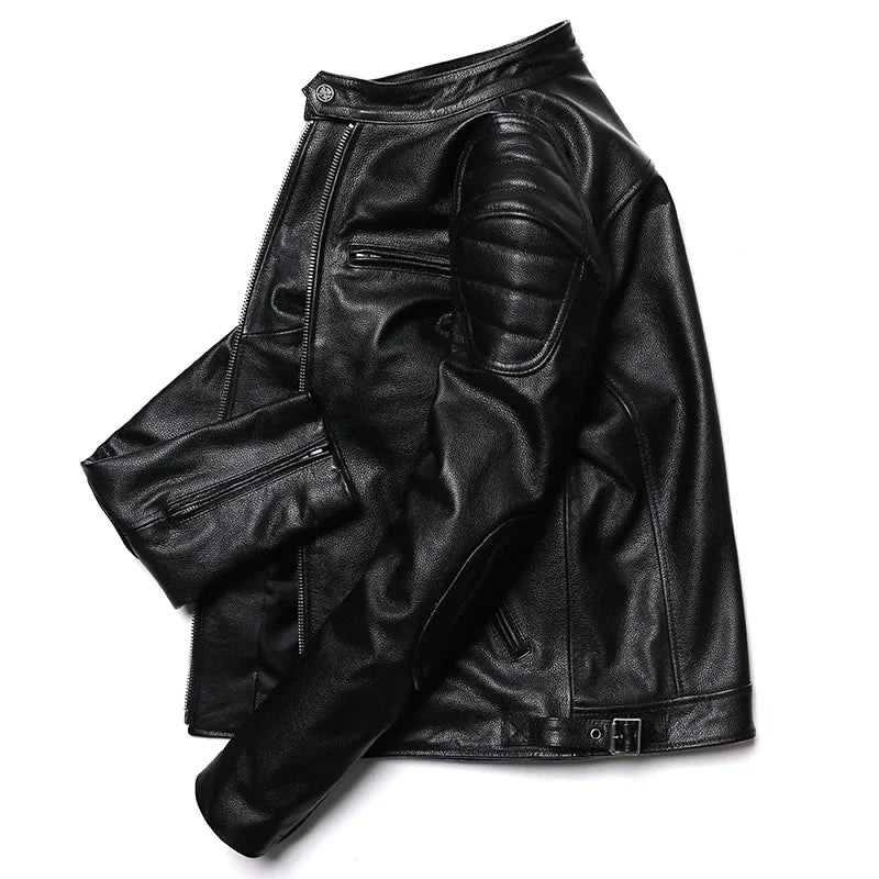 Classical Motorcycle Genuine  Leather Jacket Men's Natural Cowhide Slim Moto Cloth Calf Skin Jackets Asia Size S-6XL