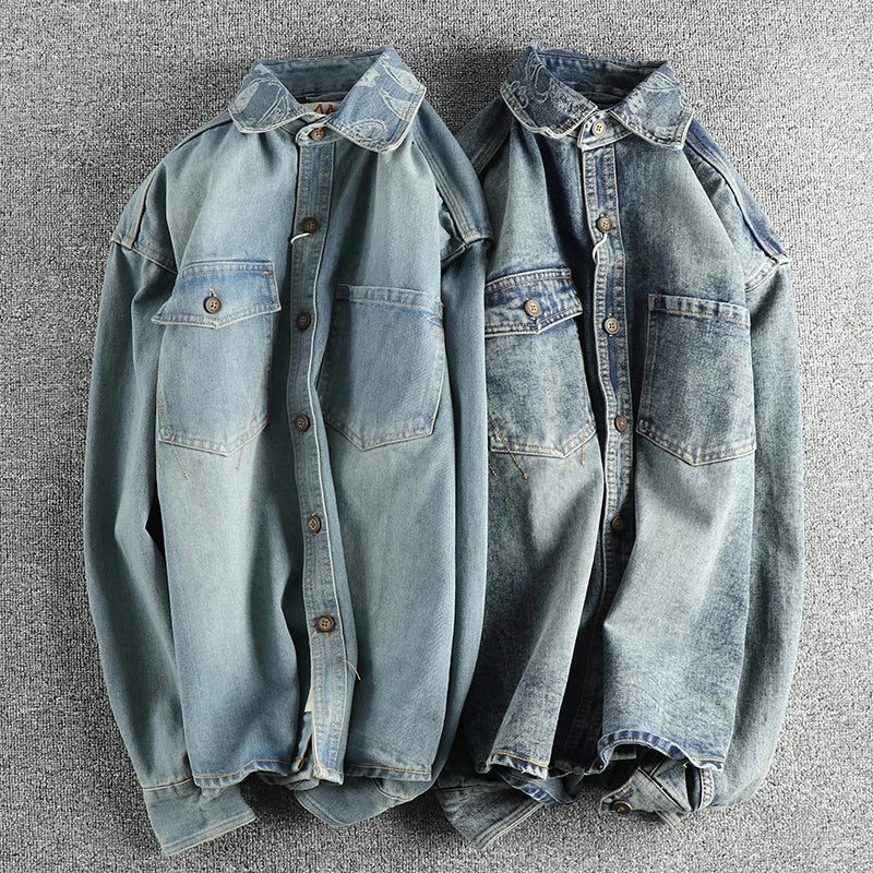 Heavy collar cashew flower embroidery design sense of British vintage denim shirt men's autumn trend coat with long sleeves