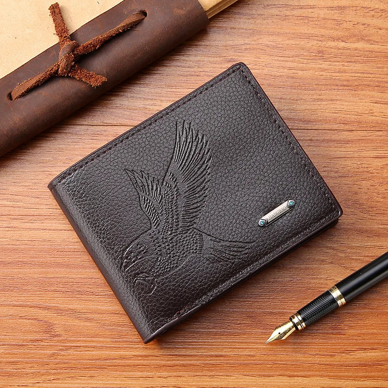 Classic Men's Leather Wallets Slim Minimalist Hawk Pattern Bifold Credit ID Card Holder Wallet Purse Short Thin Money Clip