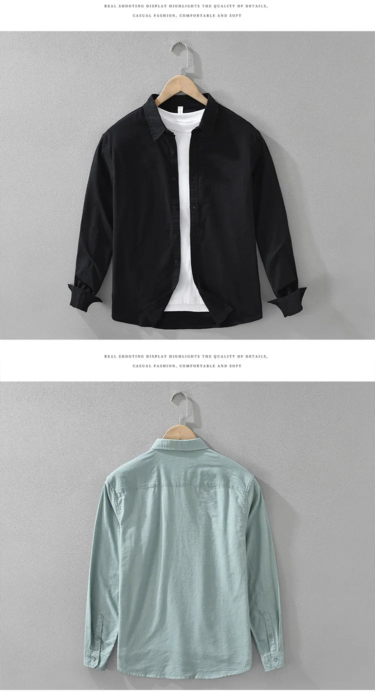 7369 Cotton Linen White Shirt for Men Good Quality Solid Color Simple Basic Long Sleeve Loose Casual Lapel Blouse Breathable Top