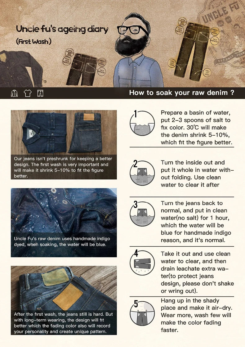 Maden 12.8oz Black Washed Denim Jeans Men's Vintage Mid Rise Straight Classic Casual Zip Fly Pants for Autumn Versatile Trousers