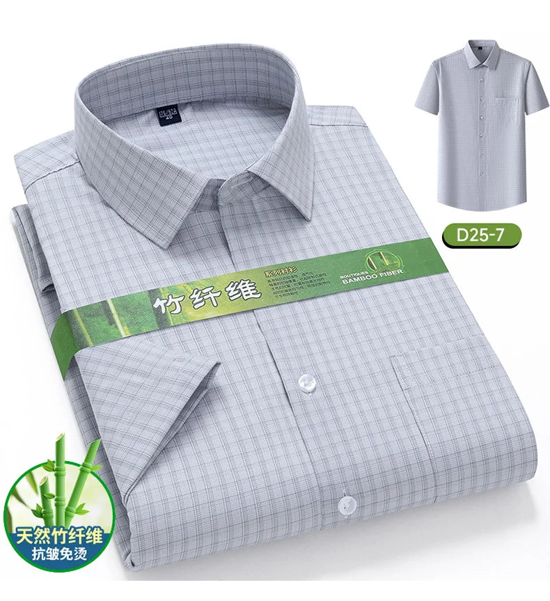 Men's Summer Bamboo Fiber Shirt Short Sleeve Lightweight Casual Breathable Soft Fabric Easy Care Slim Fit Business Casual Wear