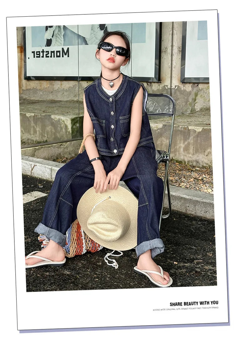 Summer teen Girls Denim Set 2024 Child Sleeveless Cowboy vest+Wide leg pants Two Piece junior kid jeans suit child outfits 10 12