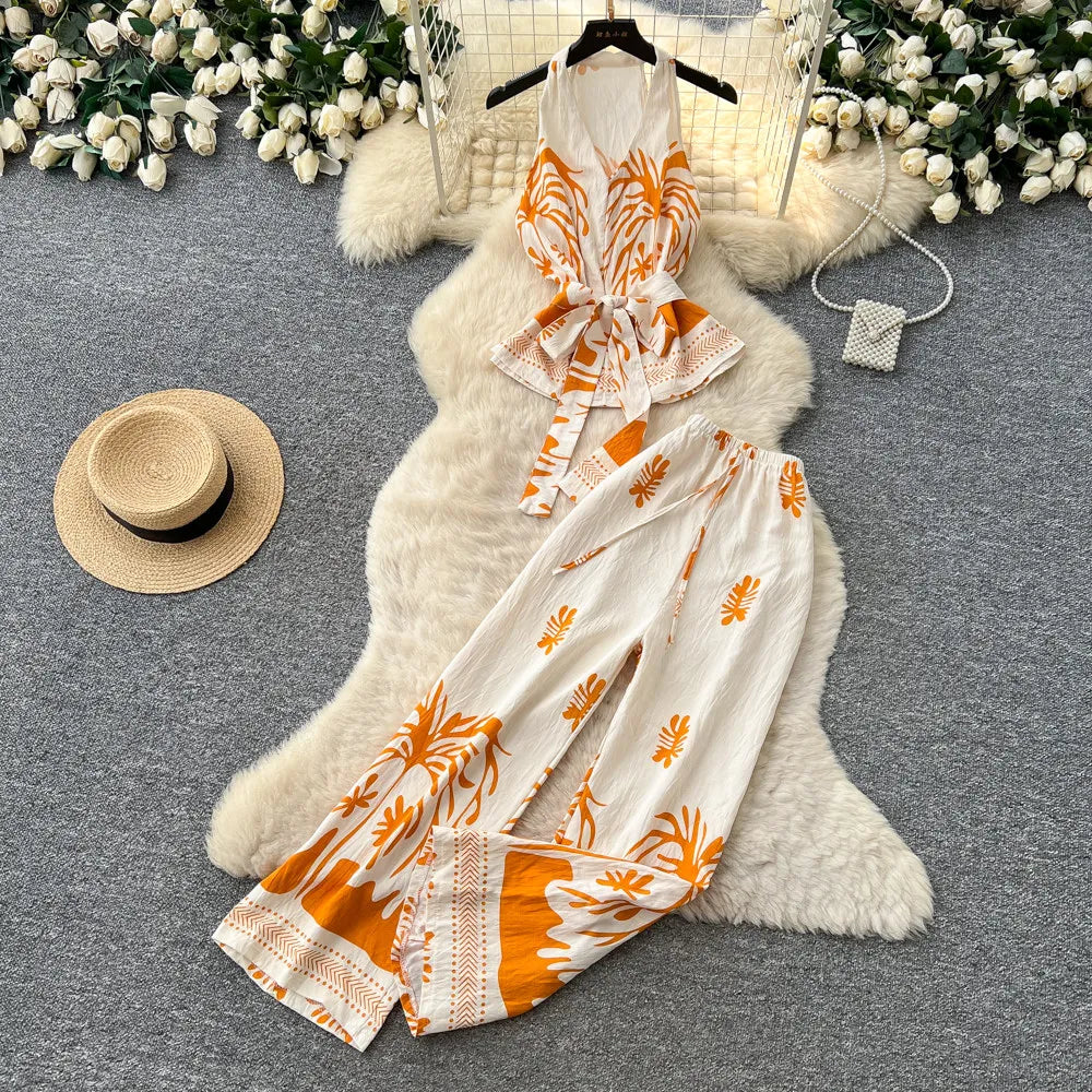 SINGREINY Boho Print Vacation Suits Summer 2026 Sleeveless Lace Up Tank Top+Loose Wide Leg Pant Chic Lazy Casual Women 2pcs Sets