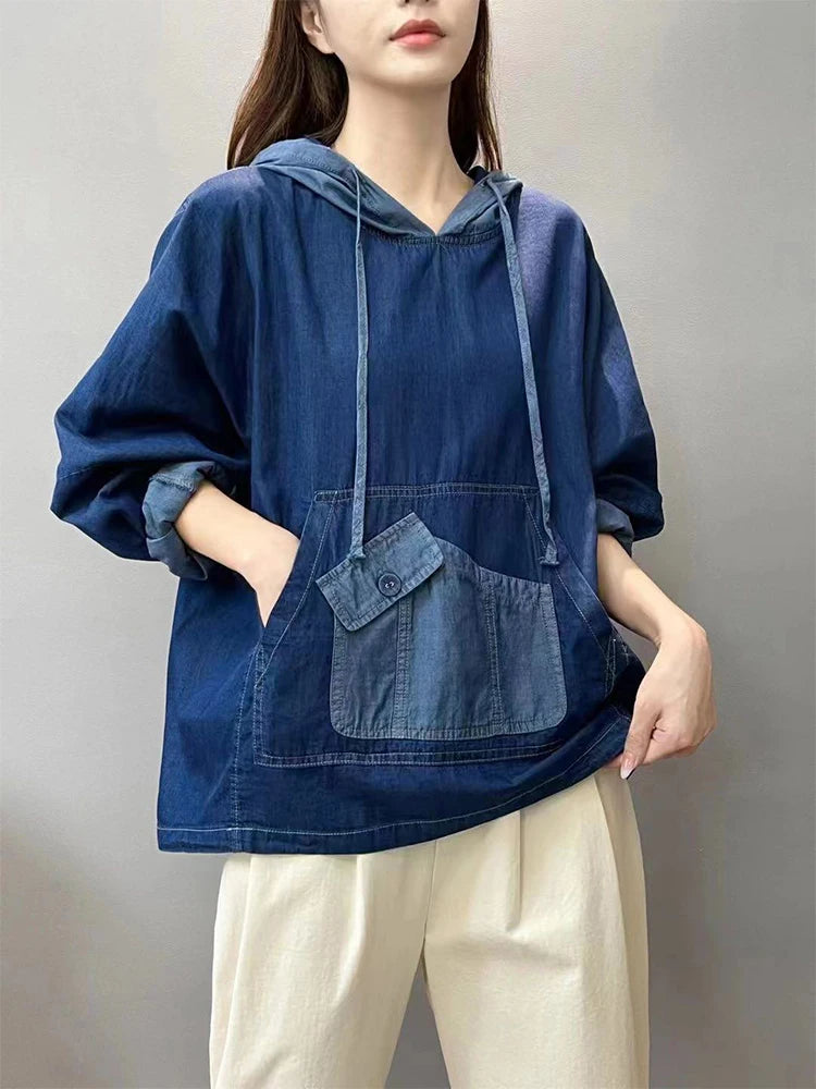 Amax luluE Spring Fashion Denim Hoodies Womens Vintage Hooded Classic Loose Sweatshirts Ladies Harajuku Leisure Korean Clothes