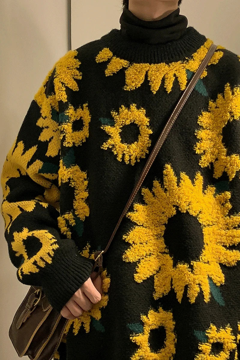 Flocking Floral Sweaters Men Baggy Spring Autumn Japanese Style Retro   High Street Harajuku Knitwear Slouchy Ins