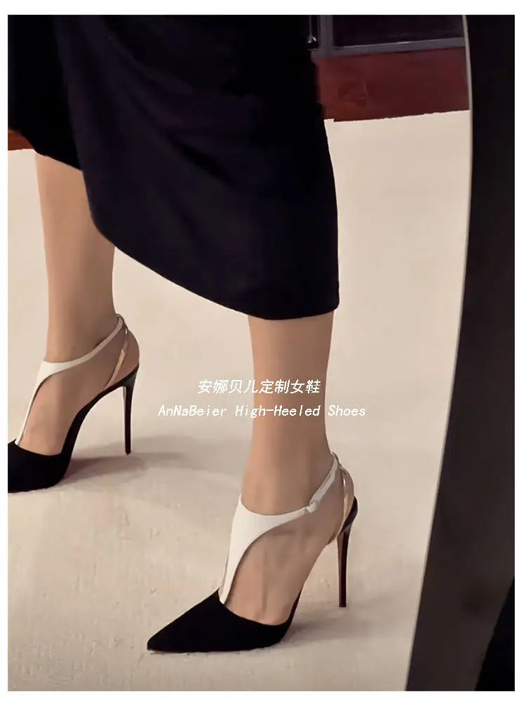 T-Shaped Socialite Black Gold Color Blocked Sexy Toe Sandals with Thin Heels and Pointed Toes, Autumn and Winter New High Heels