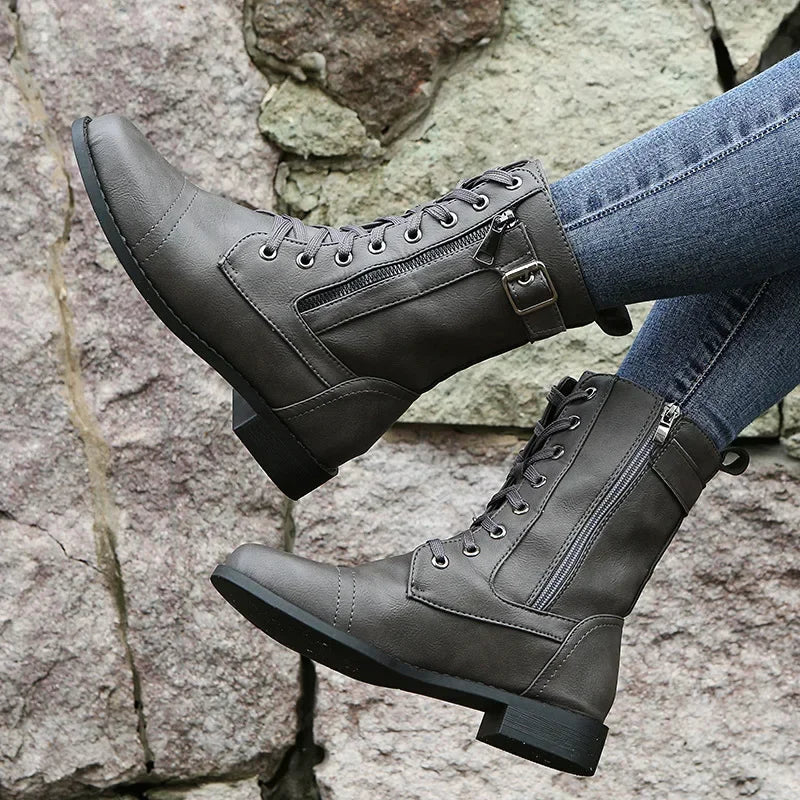 Women's Square Heels Ankle Booties  Autumn Winter PU Leather Short Work Boots Woman Plus Size Lace Up Elastic Botas Mujer 2024