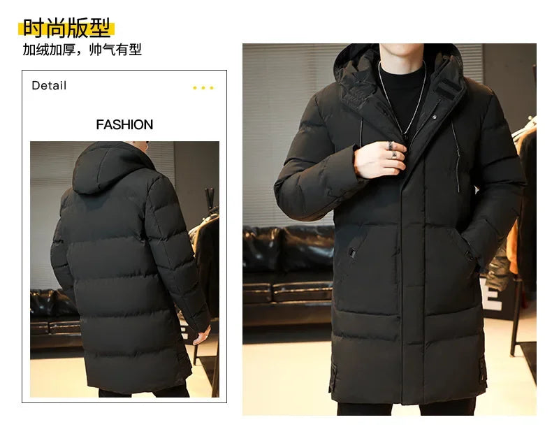 2023 Warm Hooded Mid-length Jacket Mens Casual Zip Up Cotton Padded Jacket Overcoat Autumn Winter Windbreaker Coats Men Clothing