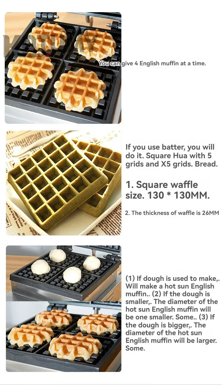Industrial Stainless Steel Non-Stick Belgian Waffle Maker Four Grid Electric Baking Tray Heating Both Grain Processing Machinery