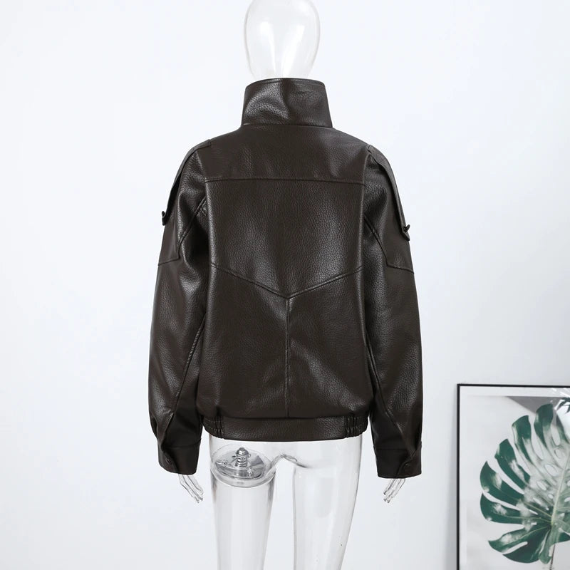 High Street Leather Jackets Women's Casual Double-breasted Turn Down Collar Loose Coats Elastic Waist 2026 Autumn New Outwear