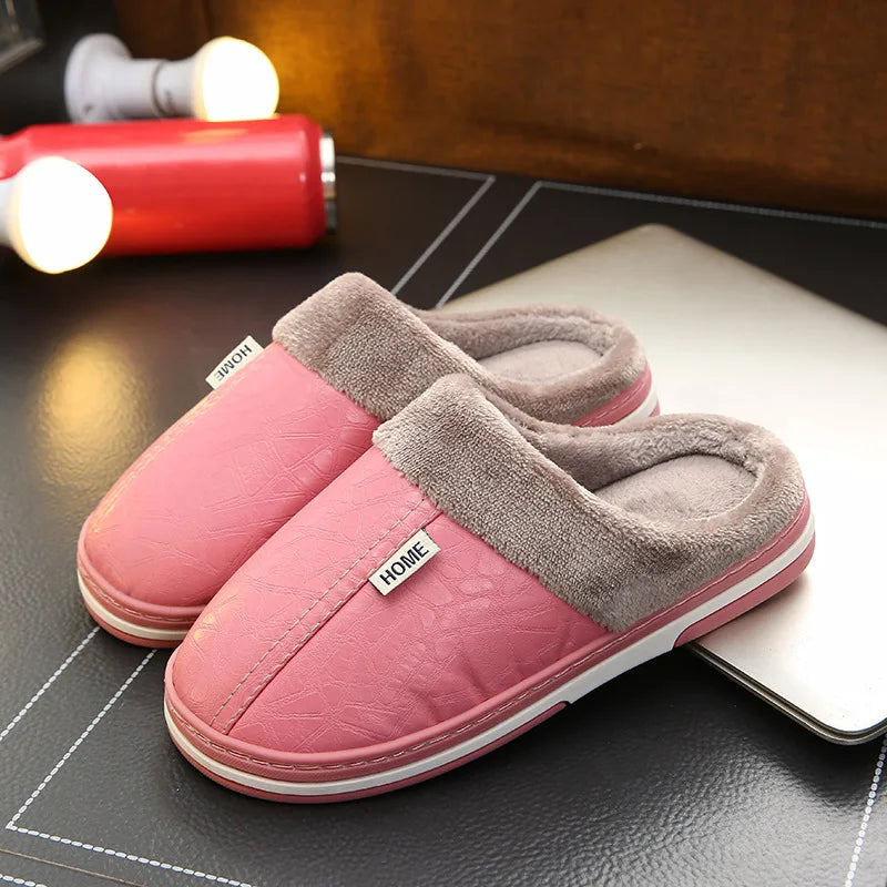 Big Size 50-51 Men Slippers Winter PU Leather Warm Indoor Waterproof Home Furry Flats Couples Slides Bedroom Non Slip Shoes