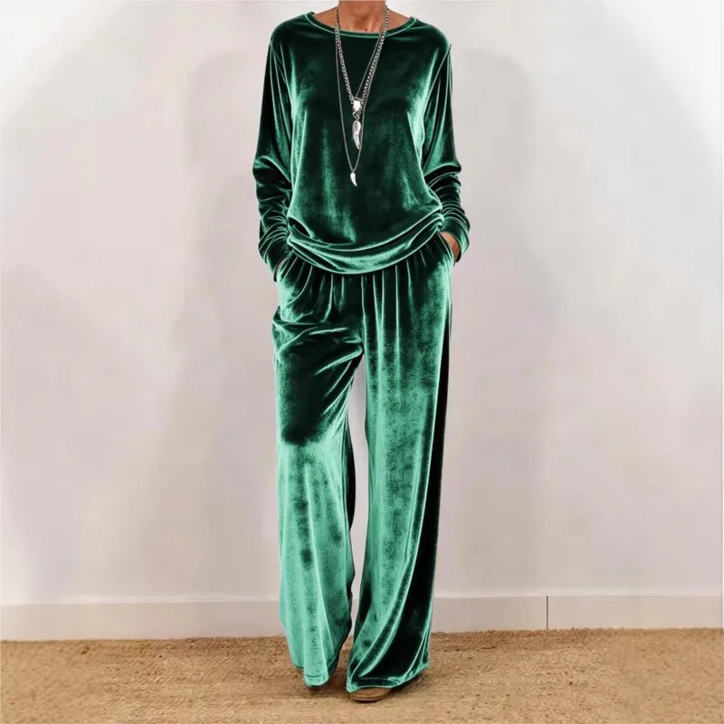 2026 Women Spring Autumn Velvet Two Piece Suit Fashion Solid Color O-Neck Top+Wide Leg Pants Set Ladies Loose Comfortable Outfit