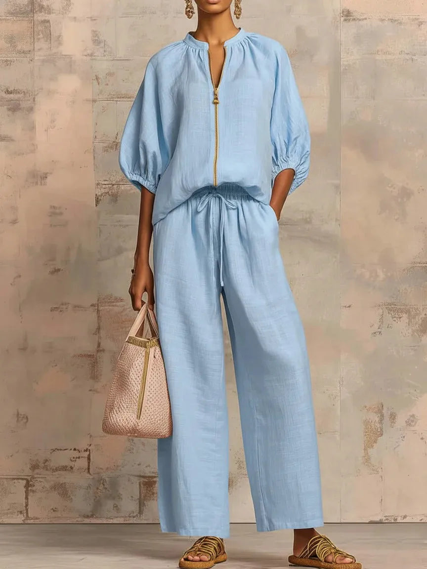 Women Solid 2 Piece Set Chic Laple Zipper Puff Sleeve Top + Wide Leg Pants Outfit Casual Matching Set for Vacation Daily Wear