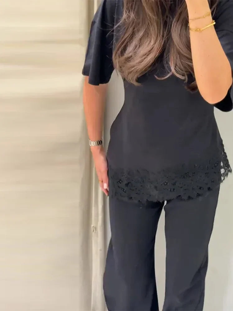 Elegant Satin Lace Patchwork Top Women Casual O-neck Loose Long Sleeves Strappy Female Shirt 2026 Spring Lady Fashion T-shirt