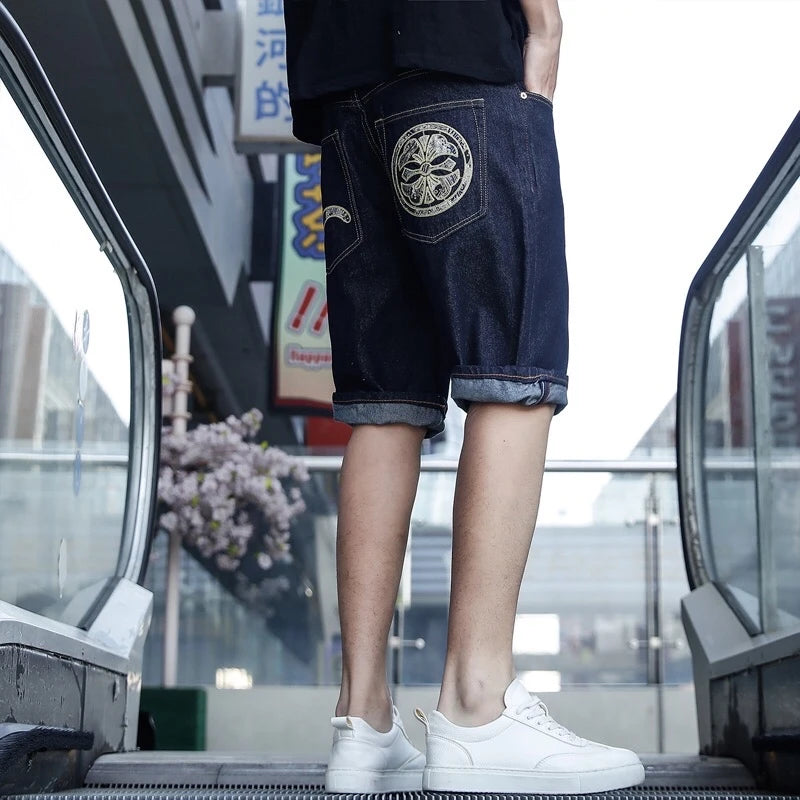 Men Embroidery Denim Shorts Black Hiphop Jeans Pants Cherry Blossom Dragon Totem Washed Zipper Cotton Summer cherry blossoms 024