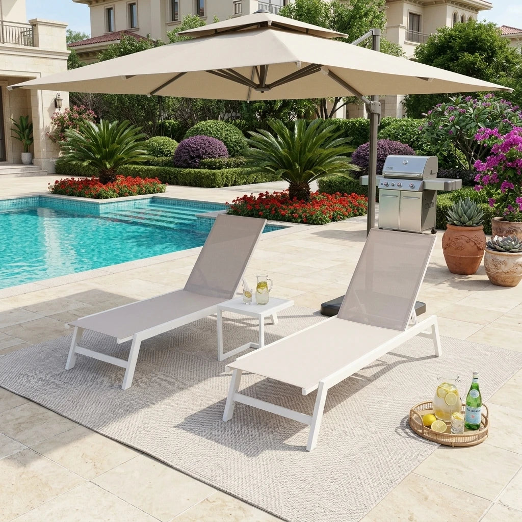 3PCS Aluminum Teslin Sun Lounger Set With Side Table Adjustable Backrest Outdoor Chaise Lounge Pool Garden Beach Hotel Sunbed