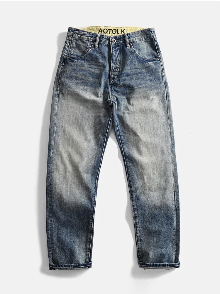 Heavyweight 100% Cotton Relaxed Straight Denim Jeans Vintage Washed & Distressed American Casual Pants for Men Amekaji Retro