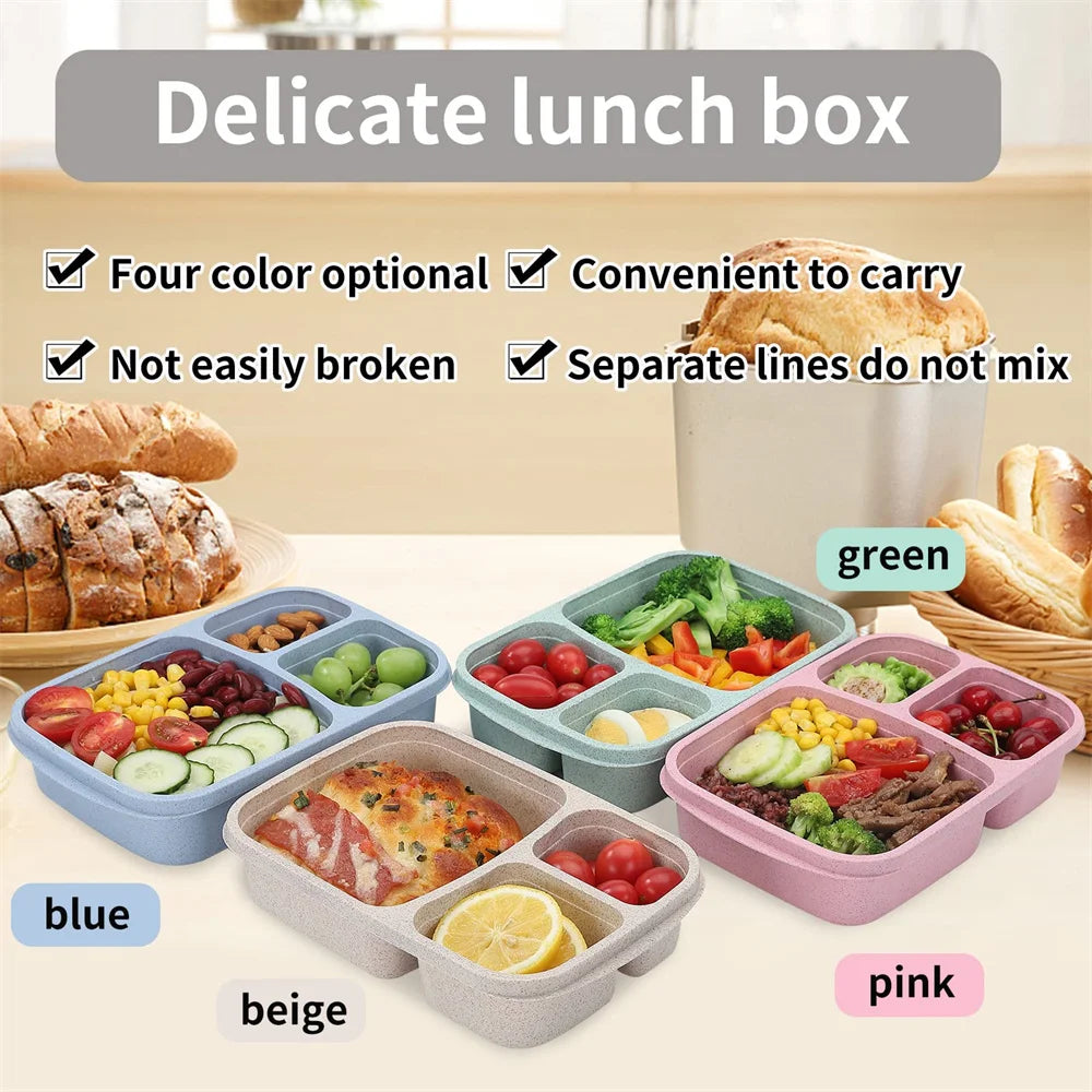 1/4pack Bento Lunch Box Set 3 Compartment Food Storage Containers Wheat Straw Meal Prep Lunch Box Plastic Food Storage Container