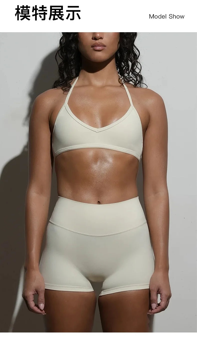 2PCS Women Yoga Set Solid Color Beautiful Back Hanging Neck Bra with Chest Pad Quick-Dry Fitness Running Shorts Yoga Set