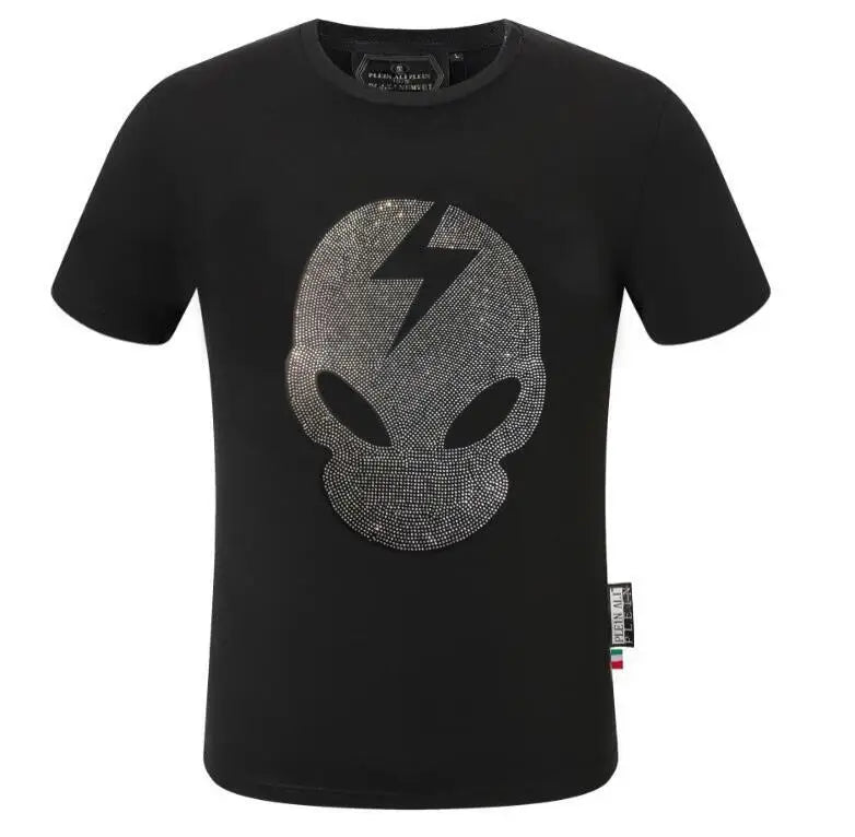 2025 Summer New Luxury Men's Fashion Skull Design Rhinestones T-Shirt Pure Cotton Crew-Neck Casual High Quality