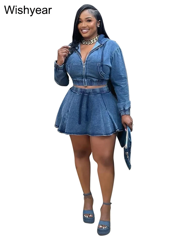 Vintage Wash Denim 2 Piece Sets Women Long Sleeve Hooded Crop Top and Pleated Skirts Suits Streetwear Matching Jeans Outfit 2025